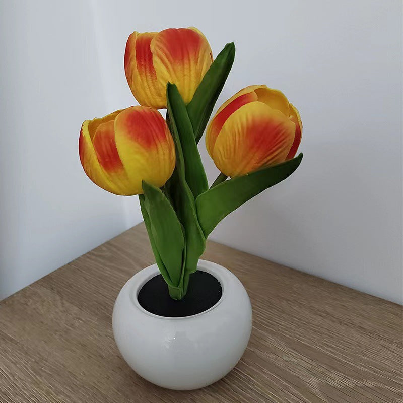 Image of orange charging model artificial tulip bouquet led light - ceramic pot desk lamp ideal for luxury casual home interiors