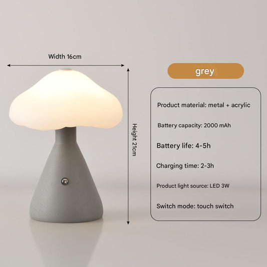 Image of gray mushroom led table lamp - rechargeable, 3-color touch dimmable, usb-c  versatile for both home and professional use