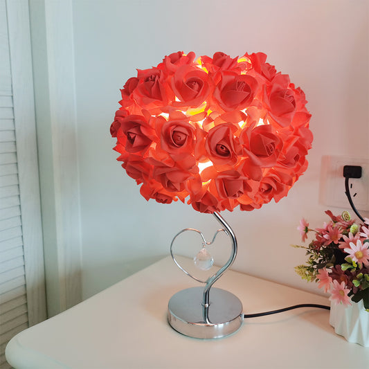 Image of red roses and silver base romantic red rose flower table lamp - crystal heart accent bedside night light  ideal for luxury casual home interiors