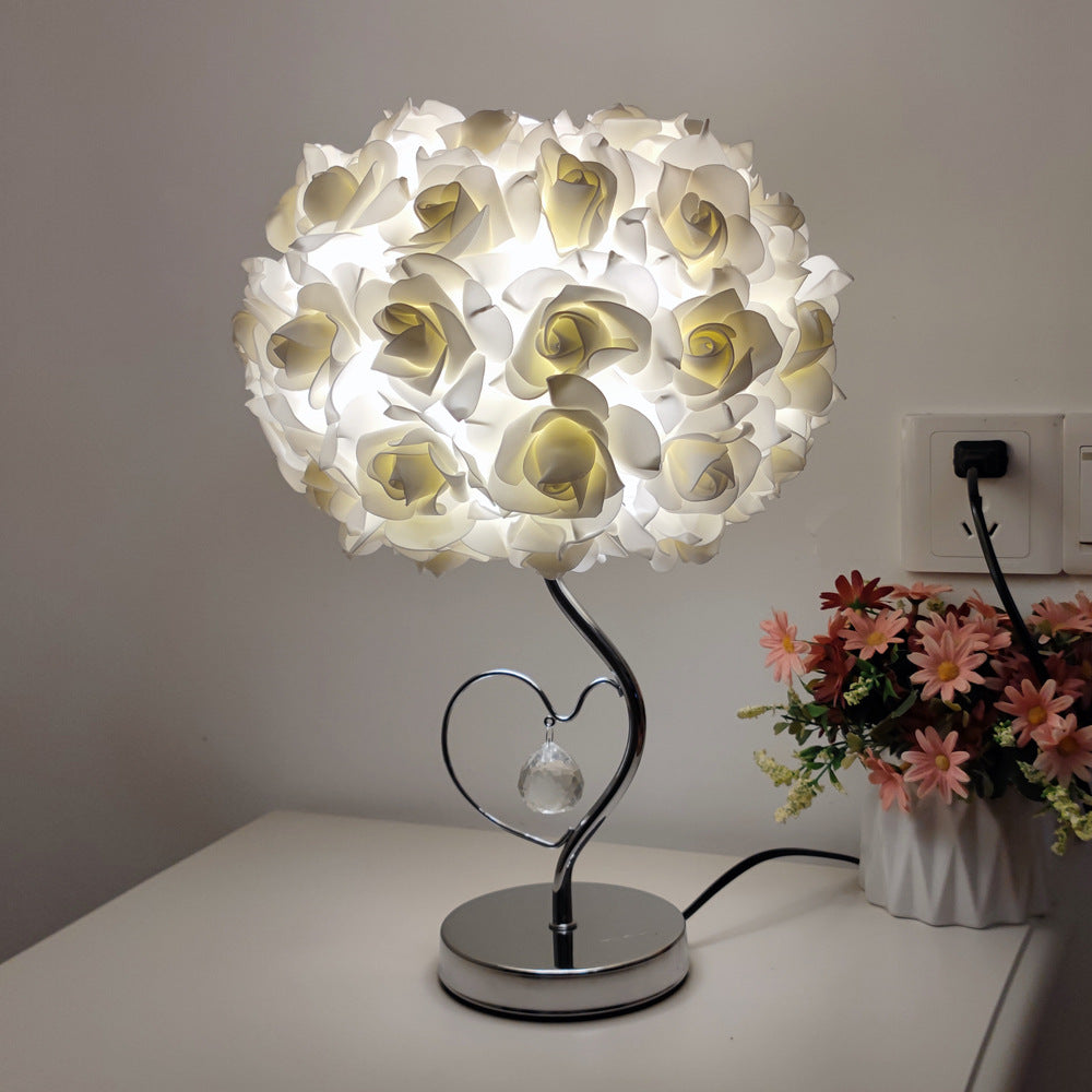 Image of beige roses and silver base romantic red rose flower table lamp - crystal heart accent bedside night light ideal for luxury casual home interiors