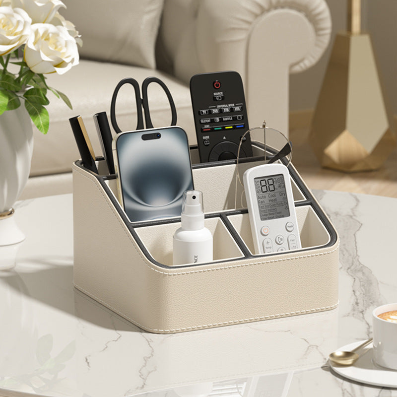 Image of beige and black stylish pu leather desktop organizer caddy - multi-compartment holder for remotes, office supplies, makeup suitable for aged care, corporate offices, and commercial settings
