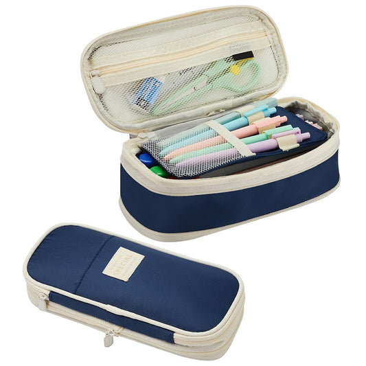 Image of dark blue large capacity expandable pencil case - multi-compartment student stationery pouch (only with pencil case)  suitable for aged care, corporate offices, and commercial settings