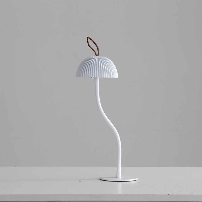 Image of white three-dimensional stripes sleek minimalist led mushroom table lamp - rechargeable 3-color touch control, bar & ambient light versatile for both home and professional use