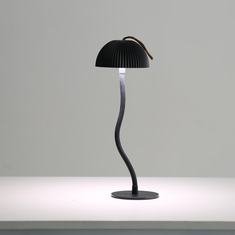 Image of black three-dimensional stripes sleek minimalist led mushroom table lamp - rechargeable 3-color touch control, bar & ambient light versatile for both home and professional use