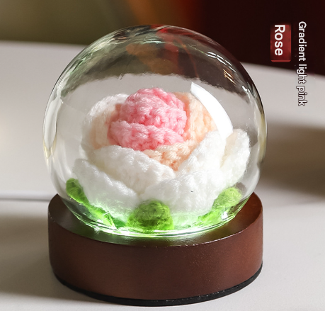 Image of gradient light pink rose knitted flower led dome lamp - usb touch 3-color night light  ideal for luxury casual home interiors