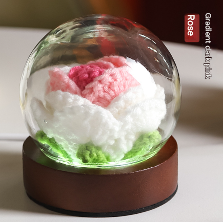 Image of gradient dark pink rose knitted flower led dome lamp - usb touch 3-color night light  ideal for luxury casual home interiors