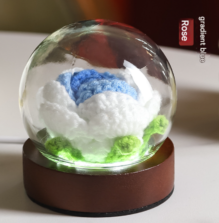 Image of gradient blue rose knitted flower led dome lamp - usb touch 3-color night light  ideal for luxury casual home interiors