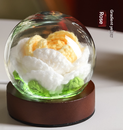 Image of gradient yellow rose knitted flower led dome lamp - usb touch 3-color night light  ideal for luxury casual home interiors