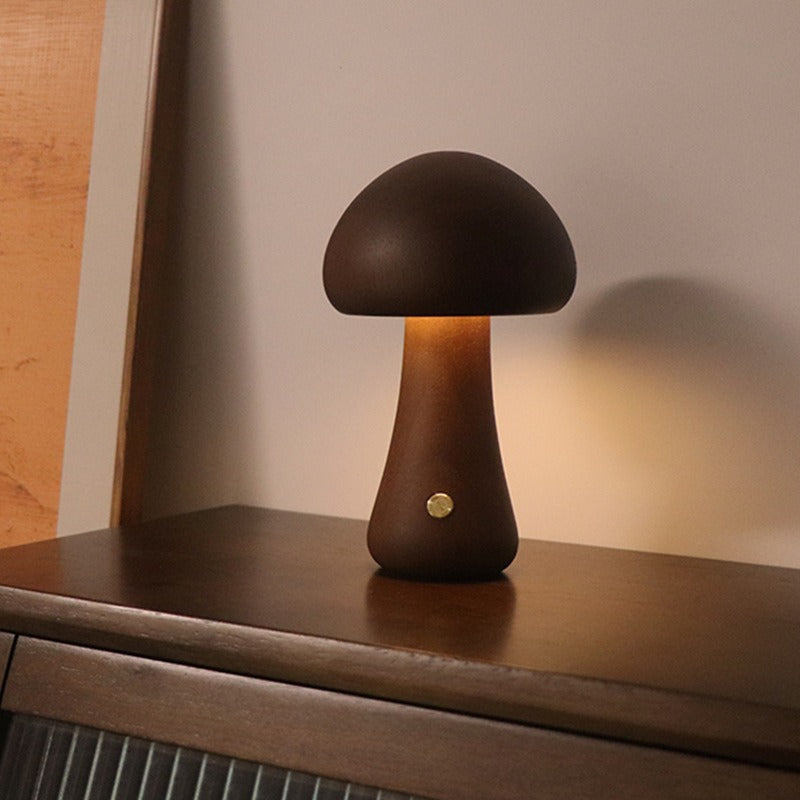 Image of dark brown solid wood mushroom led table lamp - rechargeable touch control bedside night light (large) ideal for luxury casual home interiors