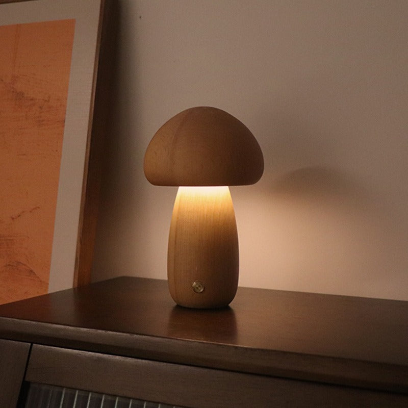 Image of dun-dun model brown solid wood mushroom led table lamp - rechargeable touch control bedside night light (large) ideal for luxury casual home interiors