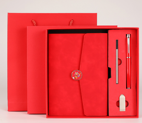 Image of red premium a5 three-fold notebook gift set with 16gb usb and pen  suitable for aged care, corporate offices, and commercial settings