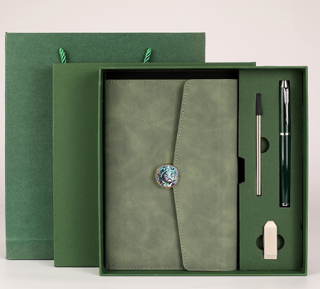 Image of green premium a5 three-fold notebook gift set with 16gb usb and pen  suitable for aged care, corporate offices, and commercial settings