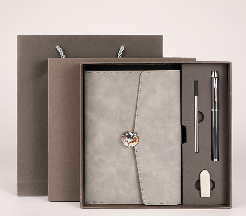 Image of grey premium a5 three-fold notebook gift set with 16gb usb and pen  suitable for aged care, corporate offices, and commercial settings
