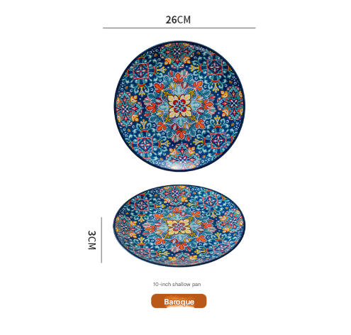 Image of blue baroque 10-inch bohemian ceramic shallow plate ideal for luxury casual home interiors