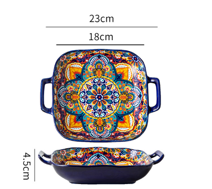 Image of kalia 9-inch bohemian ceramic double-handled square plate  ideal for luxury casual home interiors