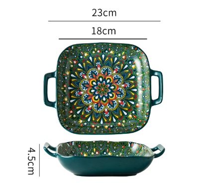 Image of emerald plume 9-inch bohemian ceramic double-handled square plate ideal for luxury casual home interiors