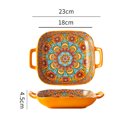 Image of archaeopteryx 9-inch bohemian ceramic double-handled square plate ideal for luxury casual home interiors