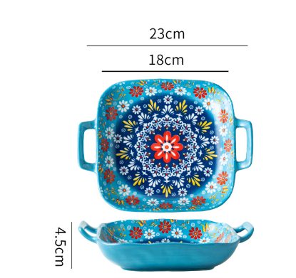 Image of green gullicent 9-inch bohemian ceramic double-handled square plate  ideal for luxury casual home interiors