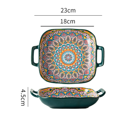 Image of morocco 9-inch bohemian ceramic double-handled square plate ideal for luxury casual home interiors
