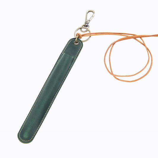 Image of green vintage top-grain leather pen sleeve holder with neck strap - protective single pen case  suitable for aged care, corporate offices, and commercial settings