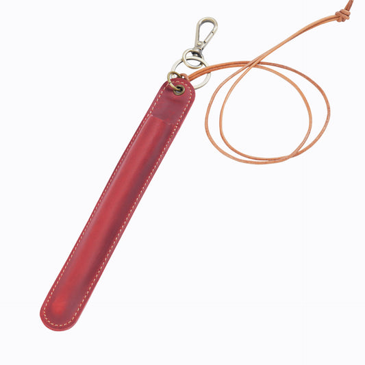 Image of red vintage top-grain leather pen sleeve holder with neck strap - protective single pen case  suitable for aged care, corporate offices, and commercial settings