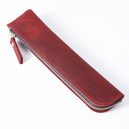 Image of red vintage crazy horse leather zippered pen case - retro pencil pouch & small accessories bag  suitable for aged care, corporate offices, and commercial settings