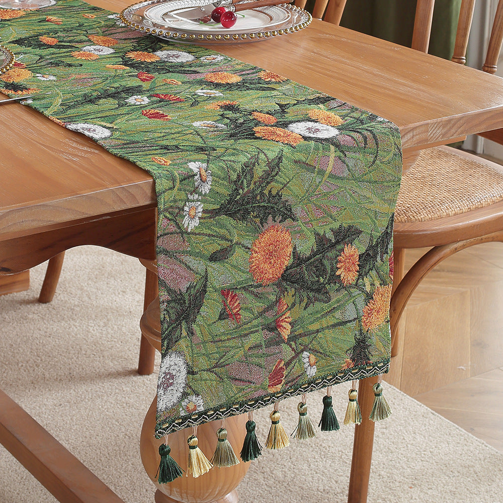 Image of green taraxacum mongolicum american retro jacquard embroidered table runner - light luxury table mat 30cm x 180cm with tassels ideal for luxury casual home interiors