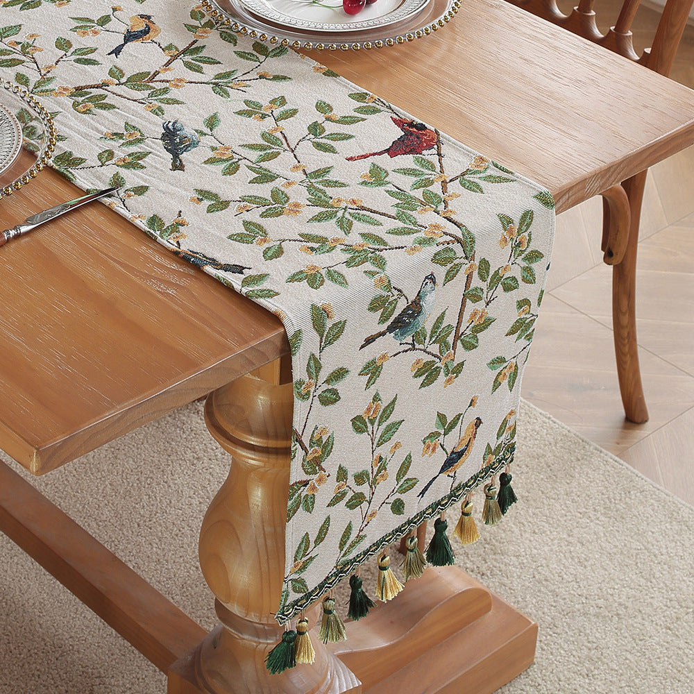 Image of magpie american retro jacquard embroidered table runner - light luxury table mat 30cm x 180cm with tassels ideal for luxury casual home interiors