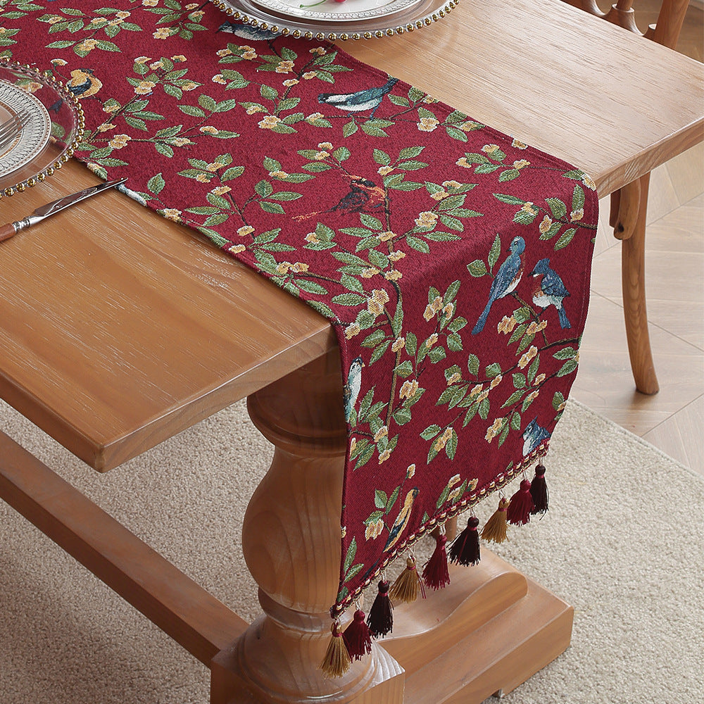 Image of red magpie american retro jacquard embroidered table runner - light luxury table mat 30cm x 180cm with tassels ideal for luxury casual home interiors