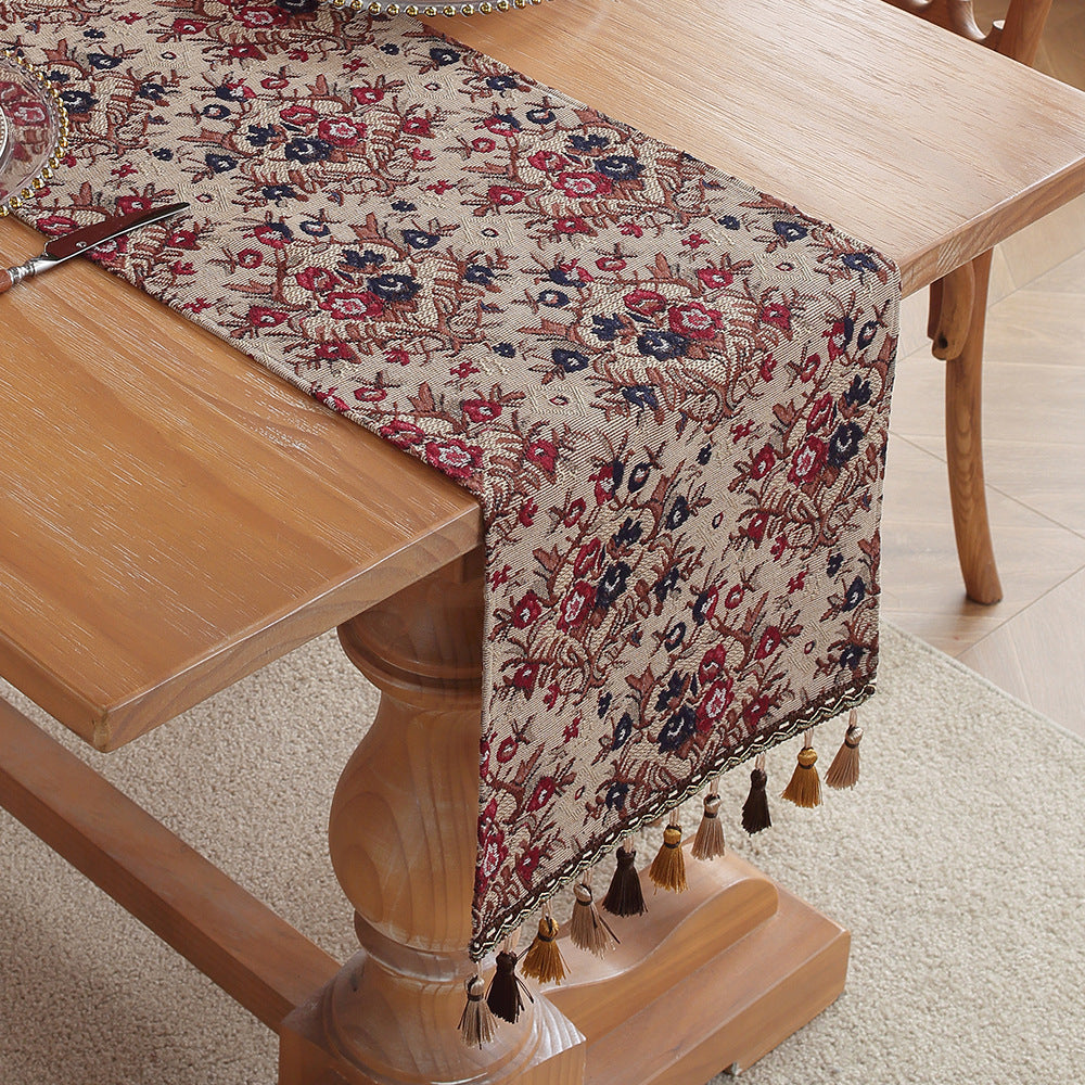 Image of jacquard plum american retro jacquard embroidered table runner - light luxury table mat 30cm x 180cm with tassels ideal for luxury casual home interiors