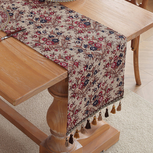Image of jacquard plum american retro jacquard embroidered table runner - light luxury table mat 30cm x 180cm with tassels  ideal for luxury casual home interiors