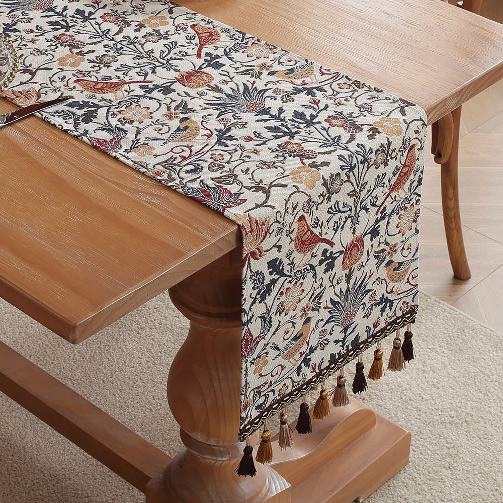 Image of jacquard magpie american retro jacquard embroidered table runner - light luxury table mat 30cm x 180cm with tassels ideal for luxury casual home interiors