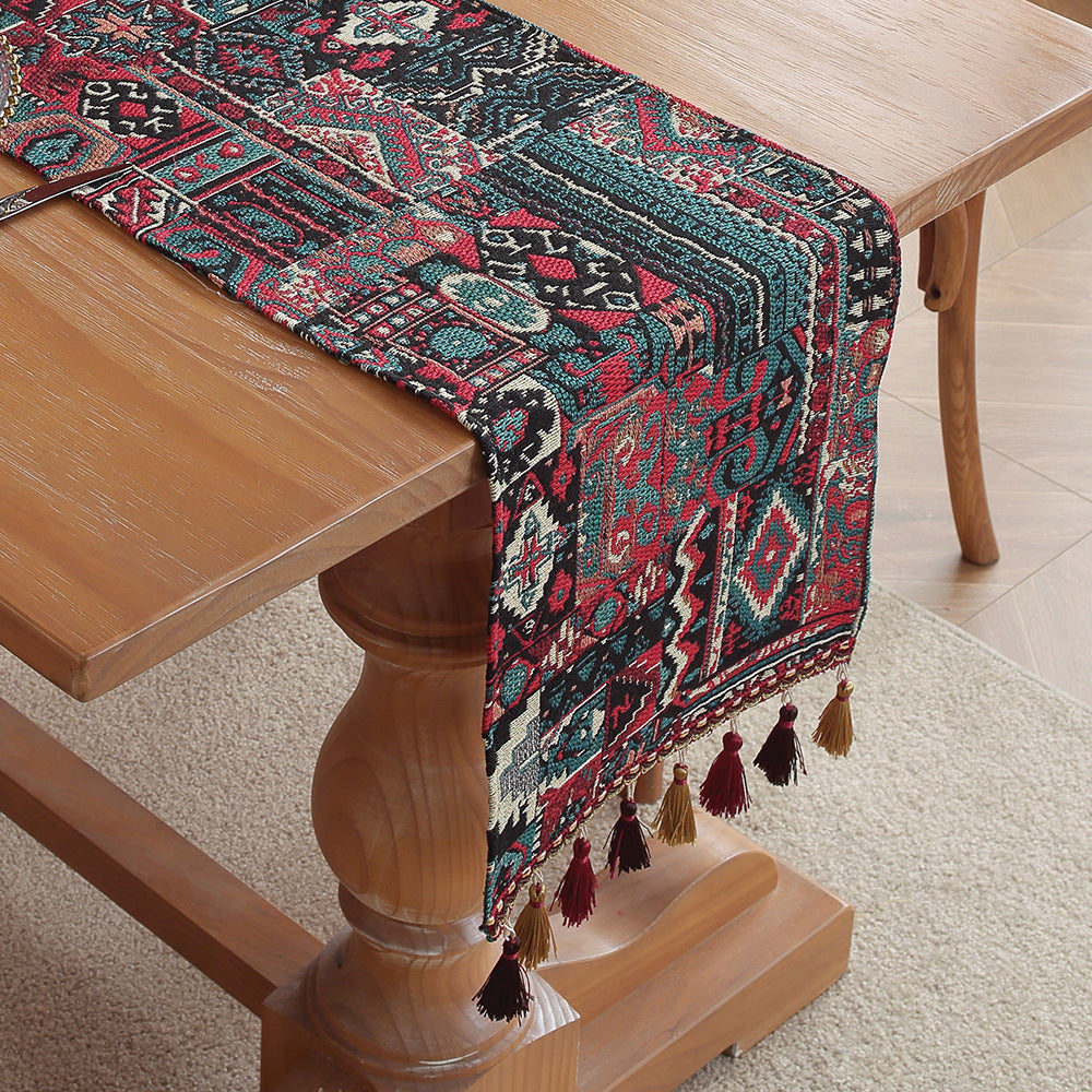 Image of oil painting medal american retro jacquard embroidered table runner - light luxury table mat 30cm x 180cm with tassels ideal for luxury casual home interiors