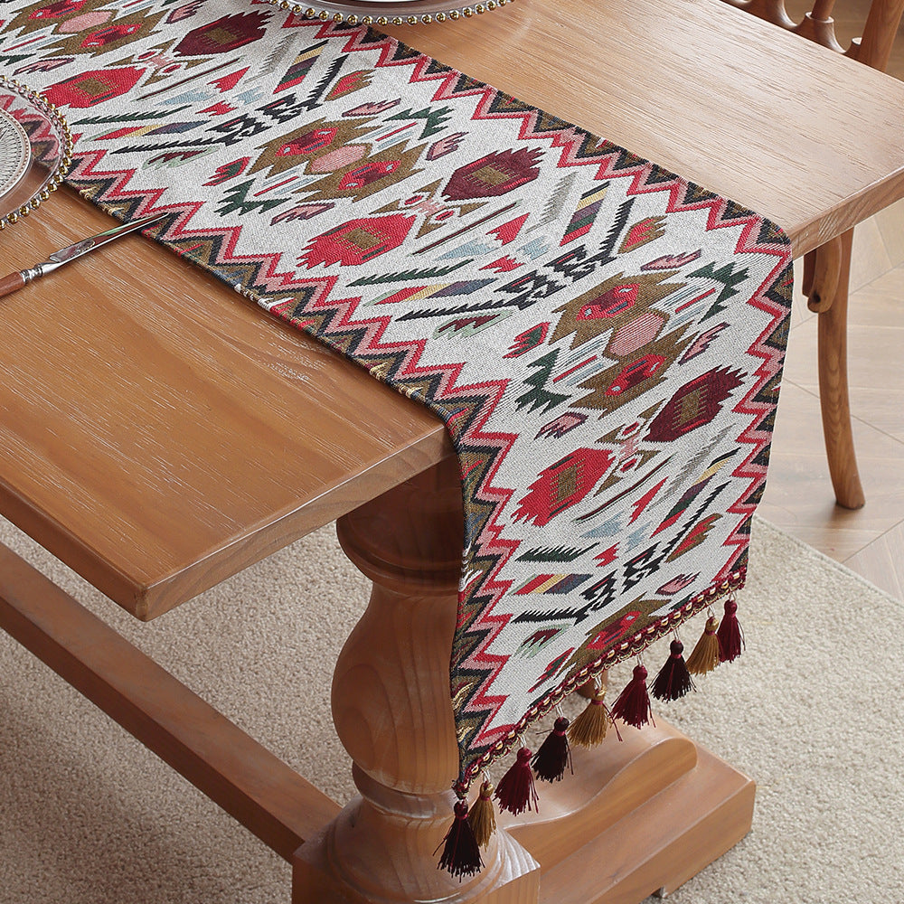 Image of posey's geometry american retro jacquard embroidered table runner - light luxury table mat 30cm x 180cm with tassels ideal for luxury casual home interiors