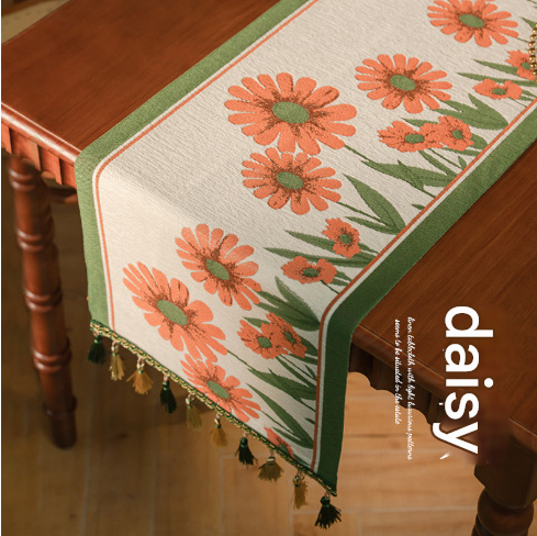 Image of daisy american retro jacquard embroidered table runner - light luxury table mat 30cm x 180cm with tassels ideal for luxury casual home interiors