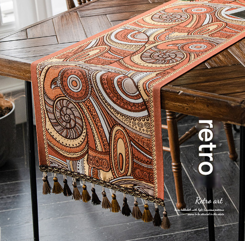 Image of retro american retro jacquard embroidered table runner - light luxury table mat 30cm x 180cm with tassels  ideal for luxury casual home interiors