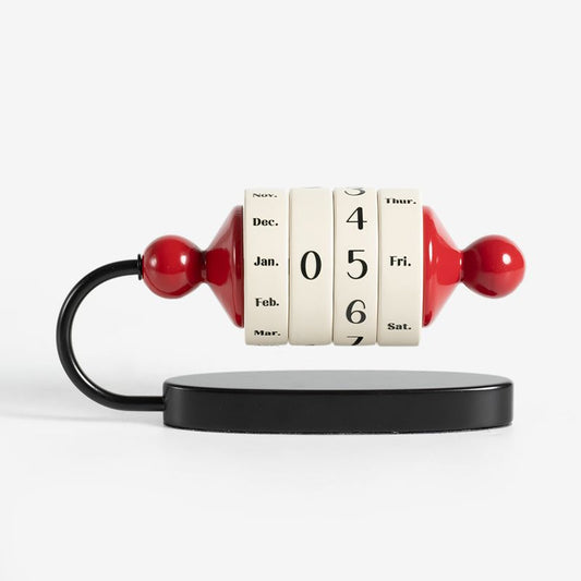 Image of red vintage wooden rotating perpetual calendar - manual roller desk decor, timeless date & day display for home & office  versatile for both home and professional use