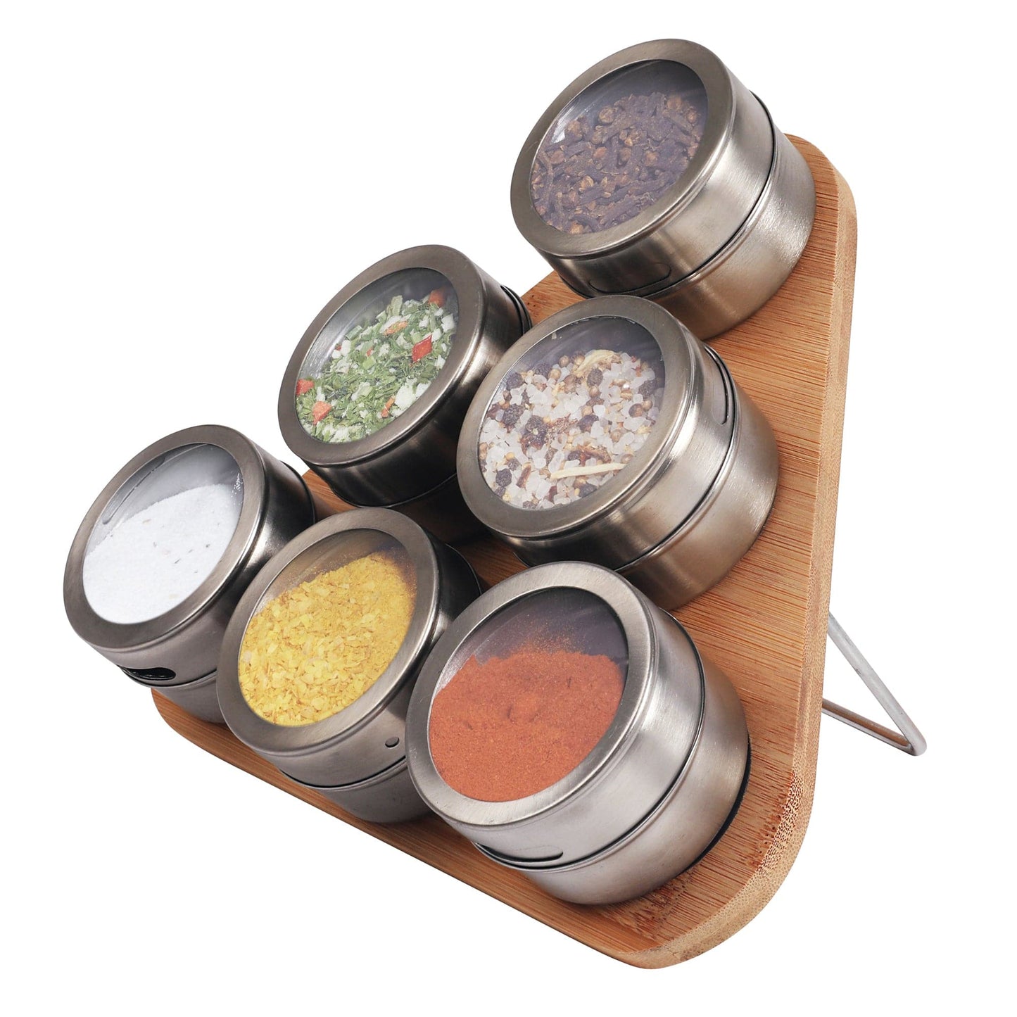 Image of magnetic triangular bamboo spice rack & jars for kitchen storage versatile for both home and professional use