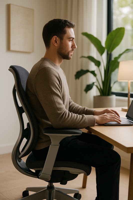Man sitting on ergonomic chair in brightly lit office