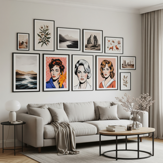 A modern living room with a curated selection of wall art positioned above a natural toned couch
