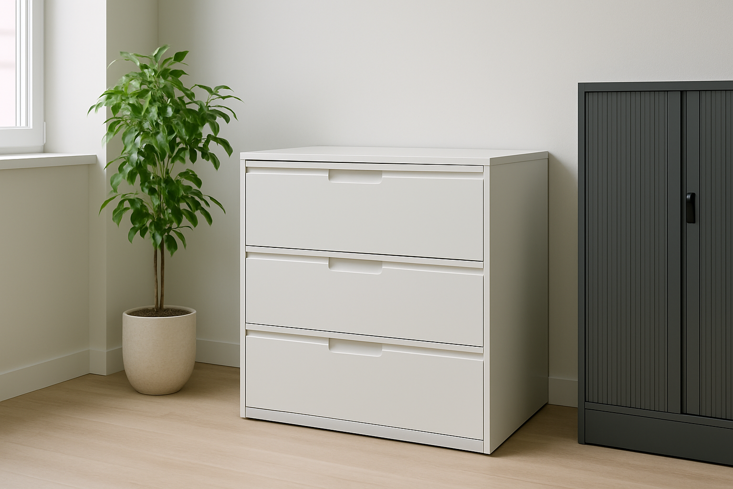 Clean and modern office space featuring a white lateral filing cabinet and a tall grey tambour door unit - Office Cabinets Collection - The Epic