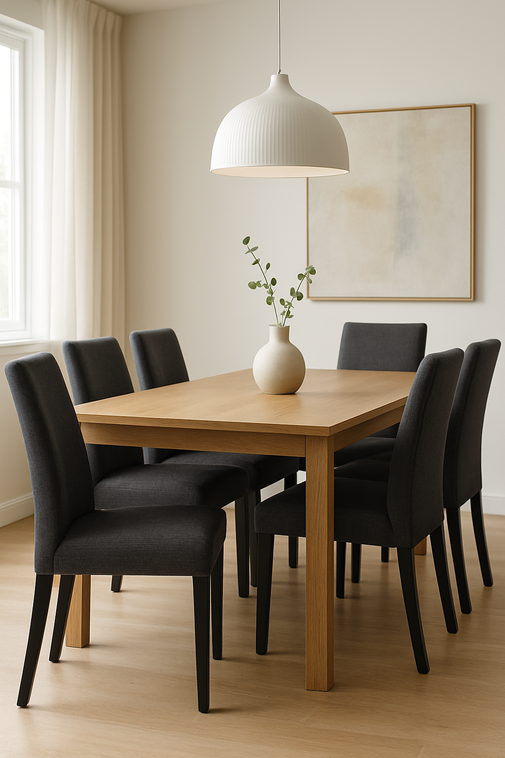 Bright, modern dining room featuring a large solid oak dining table with six upholstered chairs - Dining Table Collection - The Epic