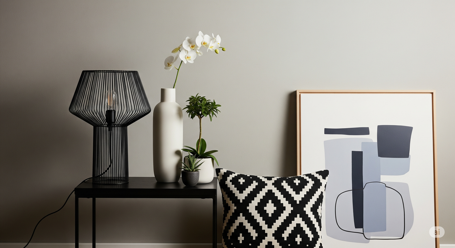 A curated collection of modern home decor from The Epic, featuring a black wire-frame table lamp, a white orchid vase, and a black and white geometric cushion styled on a console table.