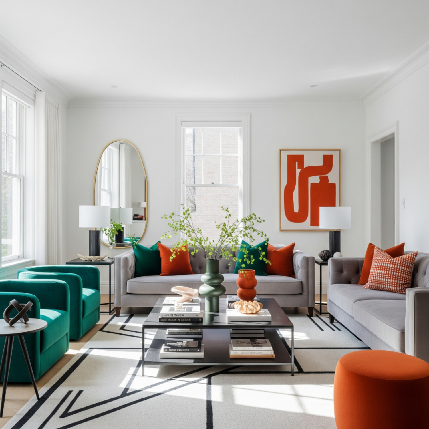 A bright, modern living room featuring a solid oak dining table and upholstered chairs from The Epic's designer furniture collection, with a sideboard in the background.