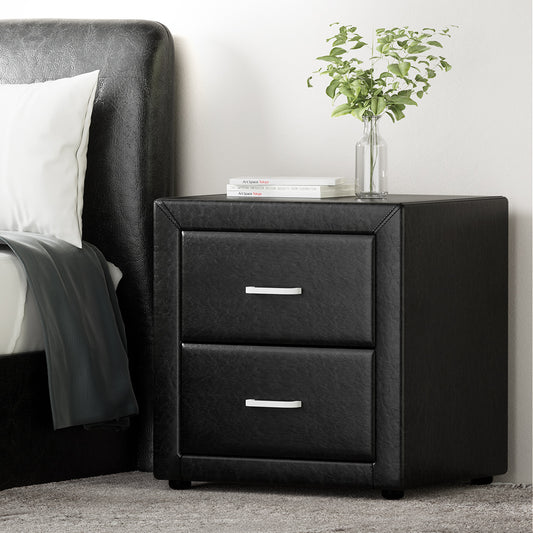Image of artiss bedside table 2 drawers side table leather - caden black  ideal for luxury casual home interiors