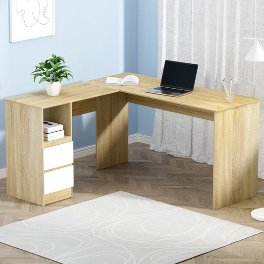 Image of artiss computer desk drawer cabinet l-shape oak 136cm  versatile for both home and professional use