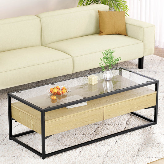 Image of artiss coffee table 2 drawers glass tabletop pine  available at The Epic Shop