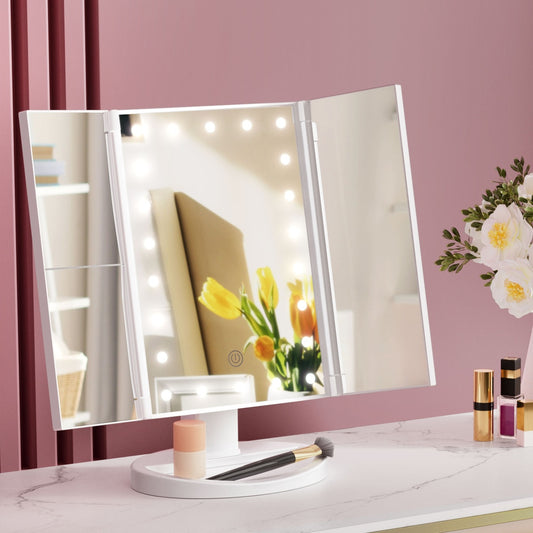 Image of embellir tri-fold makeup mirror 1x2x3x magnifying with led light travel portable  available at The Epic Shop