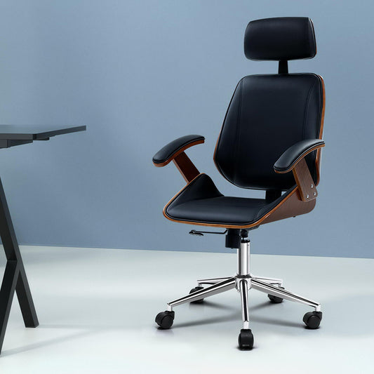Image of artiss wooden office chair leather seat black  suitable for aged care, corporate offices, and commercial settings