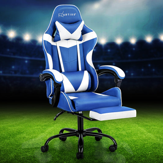 Image of artiss gaming office chair executive computer leather chairs footrest blue white  suitable for aged care, corporate offices, and commercial settings